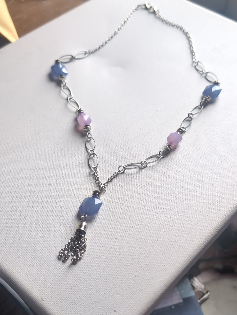 Silver Chain Necklace with Blue and Lavender Beads and Tassel